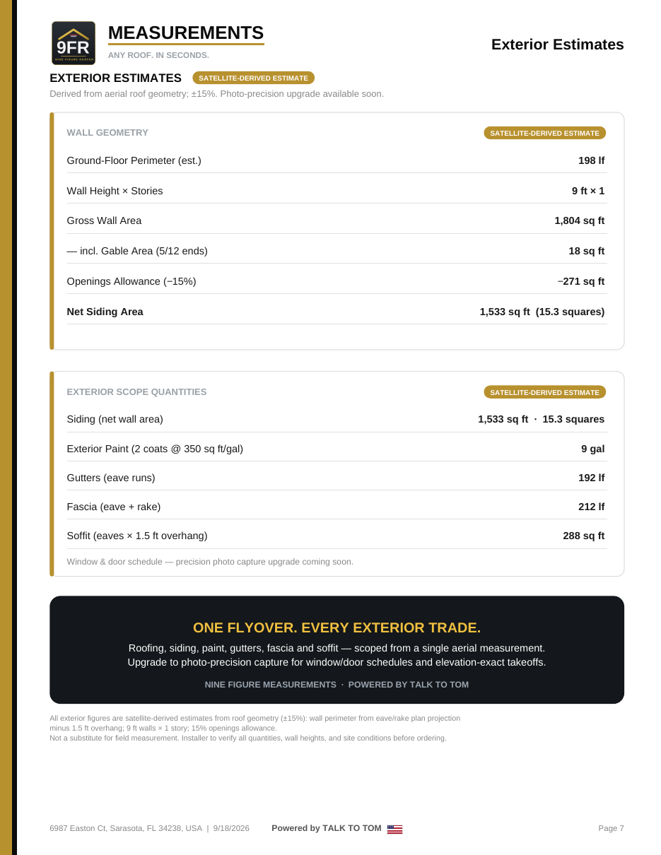 Exterior estimates page — wall geometry, siding square footage and openings